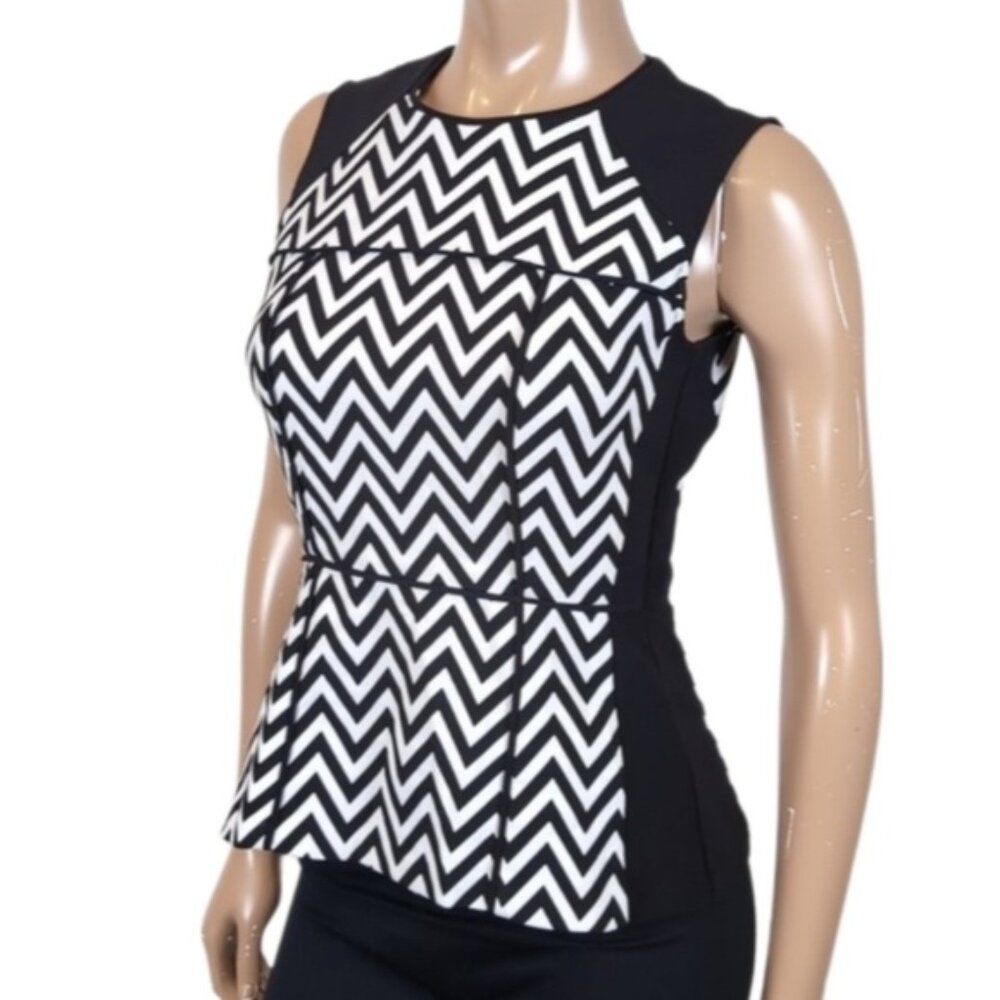 H&M Chevron Print Sleeveless Peplum Top Ponte Fitted Stretch Black White Party